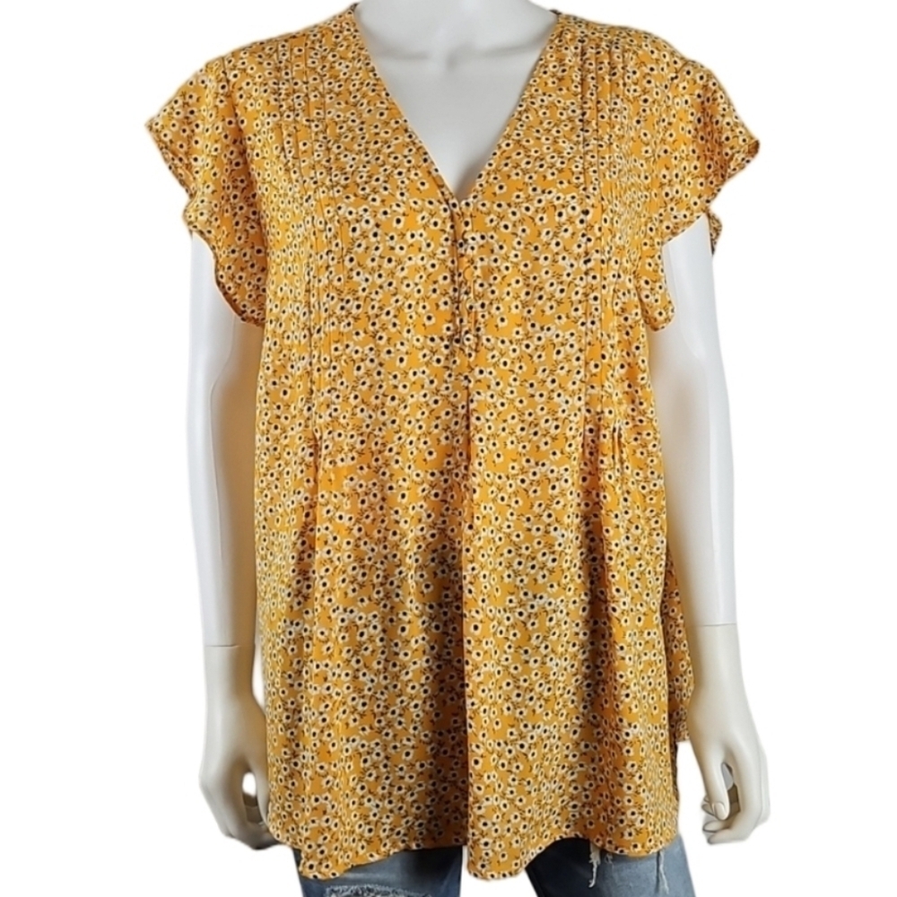 Cynthia Rowley Yellow Black & White Ditsy Floral Flutter Sleeve V Neck Top